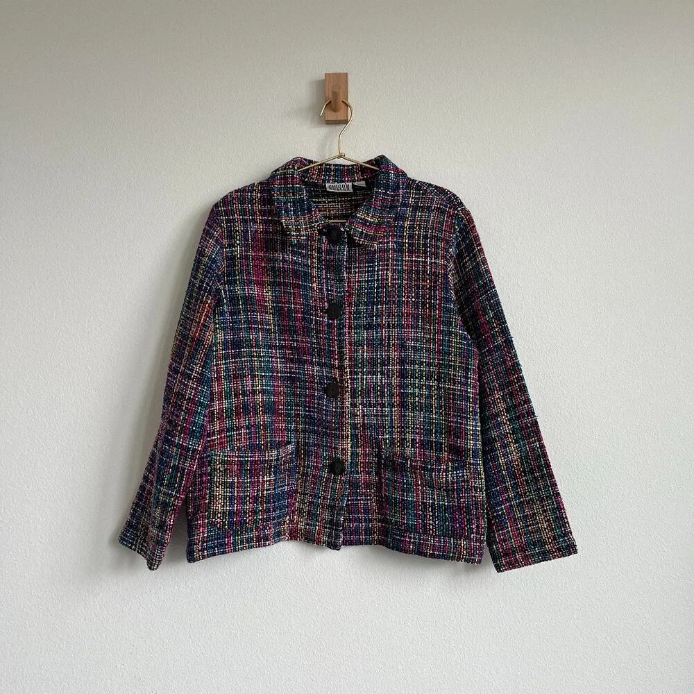 Vintage Chico's Design 100% Silk Boho Granny Chic Woven Tweed Rainbow Jacket